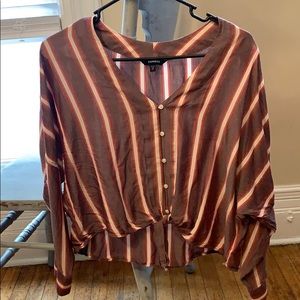 Maroon, white and peach button up blouse